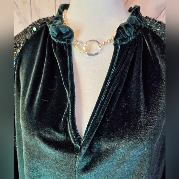 Velvet Green Blouse with Sequin Sleeves - Picture 2 of 5